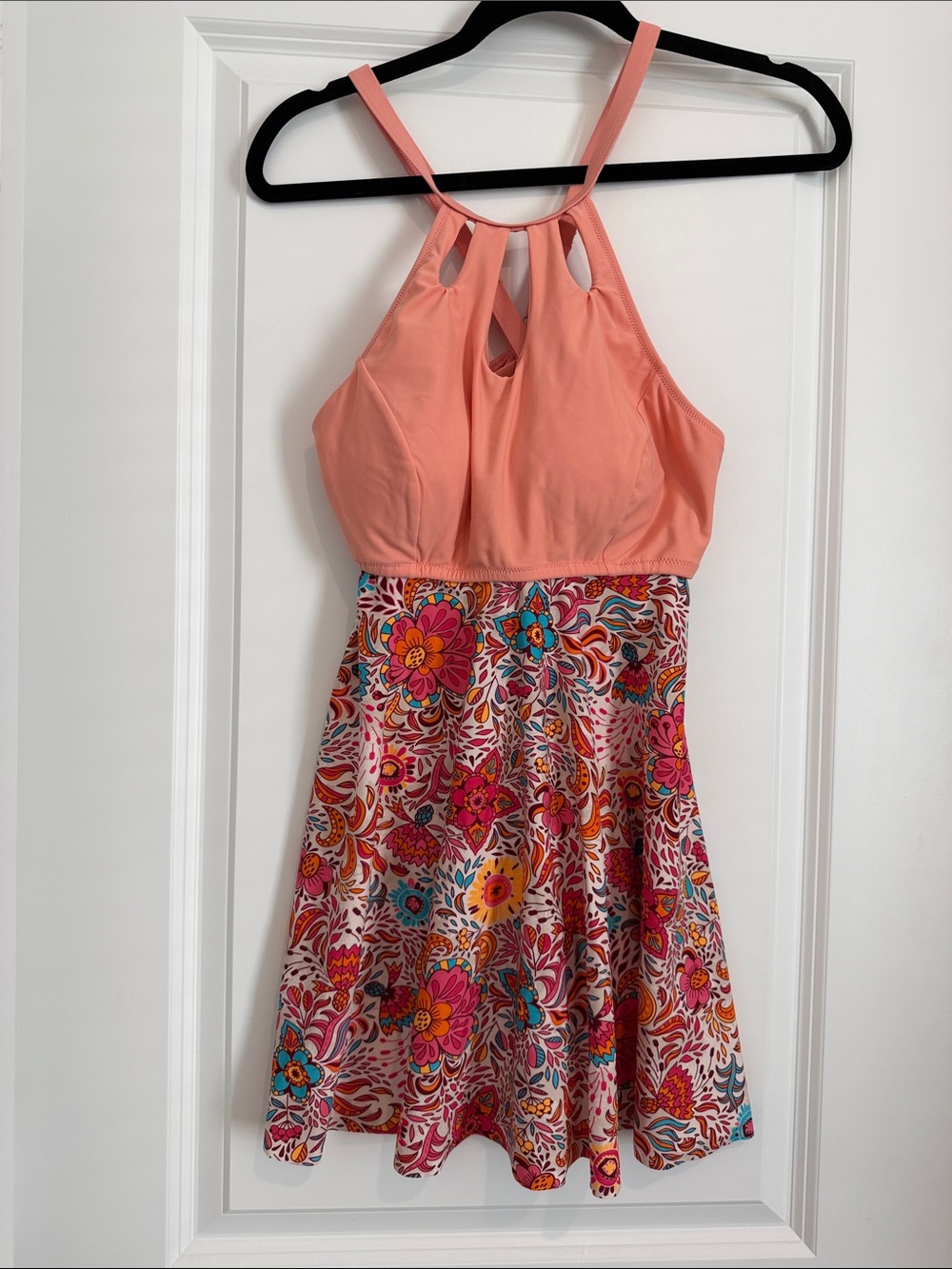 Coral Halter Fit & Flare Swim Top with Floral “Skirt”